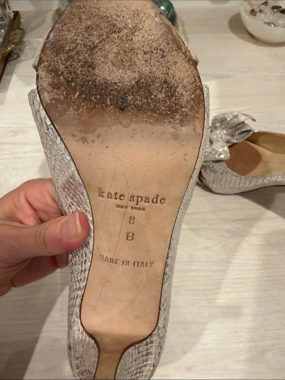 kate spade Cream Snake-Texture Peep Toe Heels with Bow Accent - Picture 4 of 5